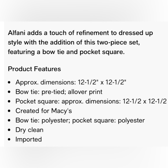 Men’s Alfani 2 Piece Bow Tie And Pocket Square Set Suit Business Office - Picture 12 of 12